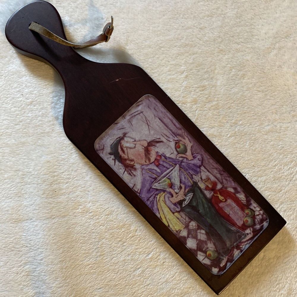 Olive Martini Wood and Glass Cutting Board Footed Paddle Style Leather Hanger
